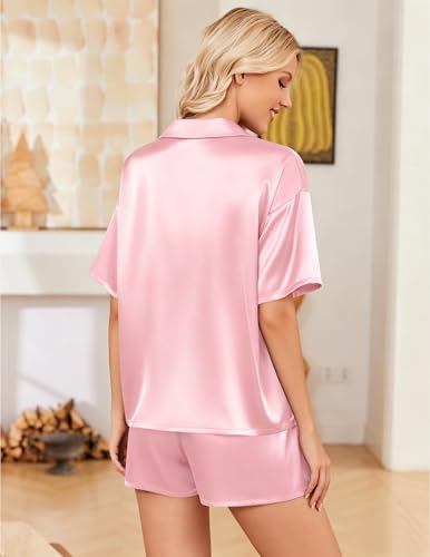 Image of Ekouaer Womens Satin Pajama Set Short Sleeve Sleepwear Button Down Pjs | Silky Smooth Satin, Soft Top and Shorts, Bridal Getting Ready Outfit, 2 Piece Loungewear Set for Daily Sleep, Wedding Party