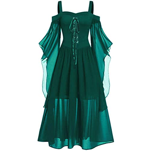 Onsoyours Damen Mittelalterliche Kleid Kurzarm Schnürung Mittelalter Ballkleider Retro Halloween Party Cosplay Kostüm Maxikleid C Grün L