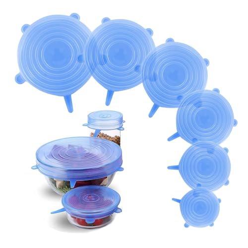 Silicone Stretch Lids – 6 Pack Reusable Food Covers,Flexible Silicone for Bowls, Containers, Fruits – Airtight & Leakproof Seal for Kitchen Storage(blue)