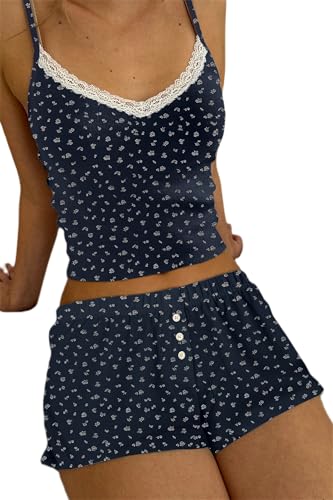 Image of Yuemengxuan Women Two Piece Outfits Y2k Boy Shorts Set Sleeveless Crop Top Button Down Shorts Set Loungewear Pajamas Set