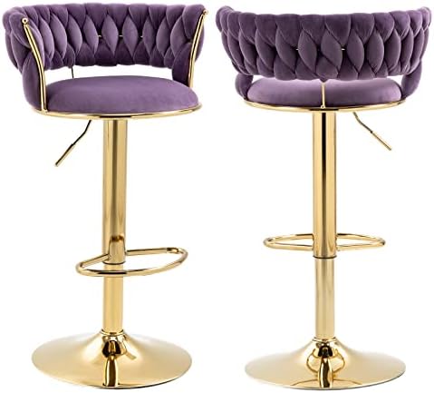 KINFFICT Velvet Swivel Bar Stools Set of 2, Adjustable Counter Height Bar Stool with Woven Back, Upholstered Kitchen Dining Chairs, Modern Barstools for Kitchen Island, Cafe, Pub, Bar Counter(Purple)