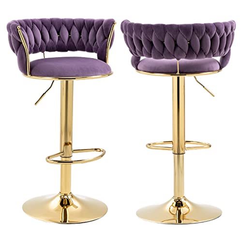 Kinffict Velvet Swivel Bar Stools Set Of 2, Adjustable Counter Height Bar Stool With Woven Back, Upholstered Kitchen Dining Chairs, Modern Barstools For Kitchen Island, Cafe, Pub, Bar Counter(Purple) #TOP13