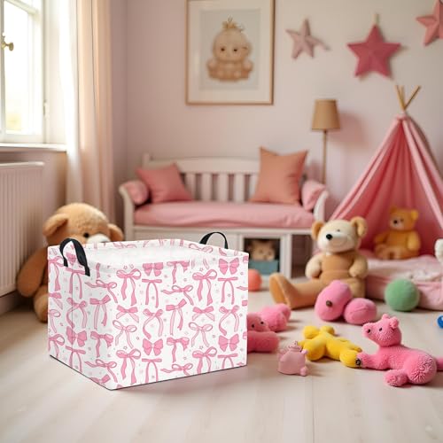 Image of Rectangular Kids Storage Basket for Home Kitchen Girls Cute Storage Bin Organizer Shelf Book Room Decor(Pink Bowknot)