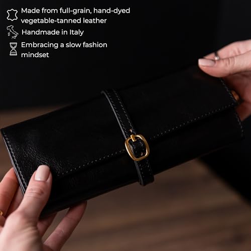 Image of Time Resistance Leather Jewelry Roll - Full Grain Leather Travel Jewelry Case - Jewellery Organizer Made in Italy (Black)