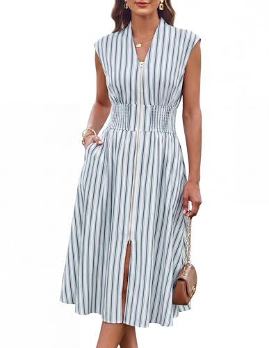 Image of GRACE KARIN Womens Summer Casual Dress, Business Office Work Dresses, Cap Sleeve Zipper Front Flowy Midi Dress with Pockets