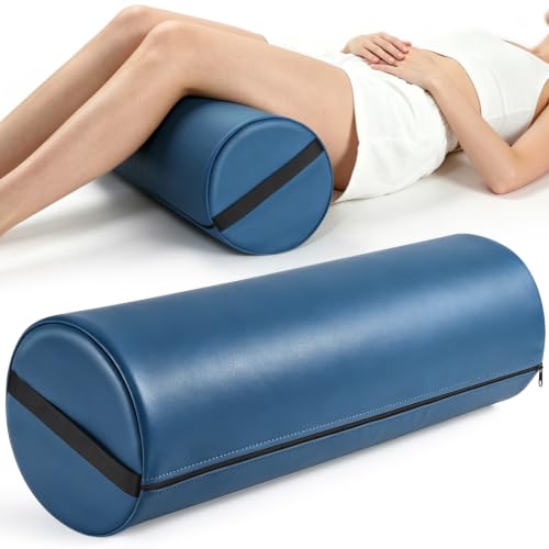 Image of PU Leather Round Bolster Pillow, 26 x 9 Inch Massage Bolsters for Under Legs with Strap Handle Massage Knee Pillow, Exercise Bolster for Legs Massage Table Roll Pillow Leg Bolster for Massage Table