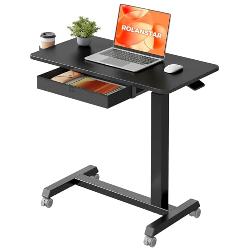 Rolanstar Beistelltisch mit Rollen, Laptoptisch Höhenverstellbar mit Schublade, Betttisch auf Rollen mit Getränkehalter für Sofa, Bett & Lesestunden (Schwarz)