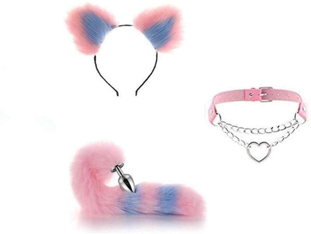 3Pcs Pink-Blue Fluffy Fox Tail Choker Headband Cosplay Role Play Halloween Toys (Pink Blue)