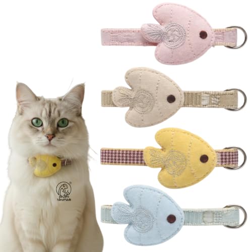 Image of PAWPRO HANDMADE Cat Collars with Breakaway Buckle - Set of 4, Adjustable 8-13 Inches, 1 /2 Inch Width, Soft Double‑Layer Nylon with Cute Fish Charm, Stylish & Comfortable (Multicolor)
