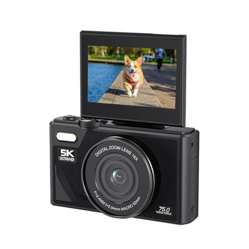 Cámara digital 5K, cámara de vlogging de 75 MP, con zoom de 18X, pantalla abatible de 3 pulgadas, cámara compacta HD, para fotografía de viajes (negro)