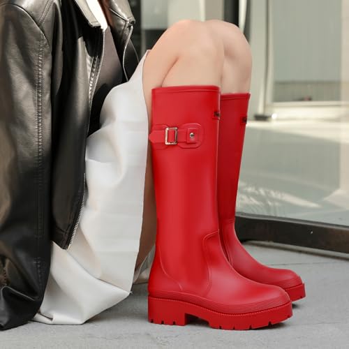 Yenxapei Gummistiefel Damen Lange Stiefel, Original Wasserdicht Hohe Rutschfeste, Sicherheitsstiefel Gummischuhe Bequeme Gartenschuhe Für den Innen- und Außenbereich,Rot,40.5EU