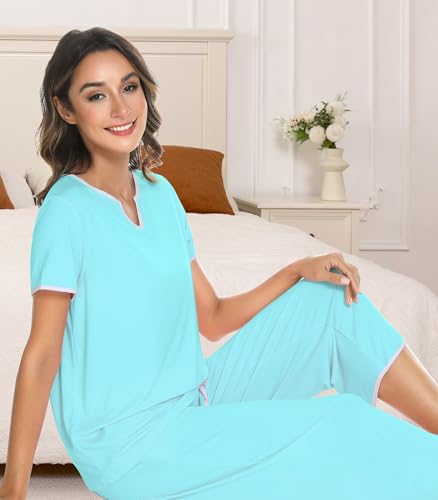 Image of NACHILA Women's Pajamas Set-Viscose Made from Bamboo,Short Sleeve Sleepwear Soft Pjs with Capri Pants Loose Loungewear