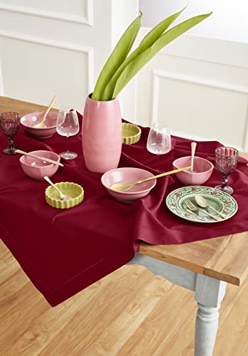 Solino Home Cotton Linen Square Table Cloth, Throw Red Woven, 52 x 52 in