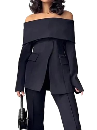UOOZEE Women's Long Sleeve Off Shoulder Business Work Blazer Sexy Formal Split Front Suit Jackets Outfits, Black, XL