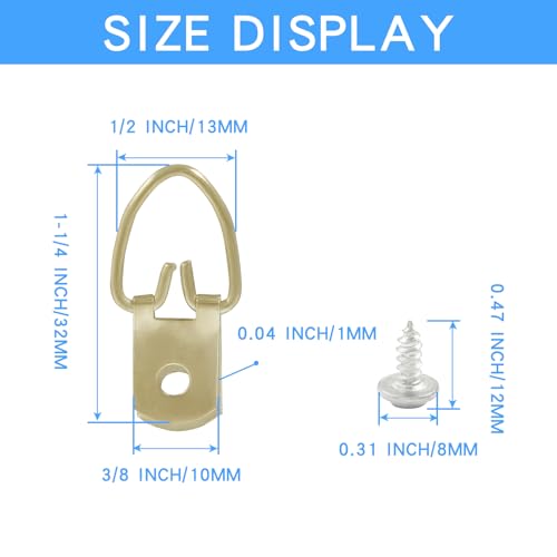 Image of 100 Pack D Ring Picture Hangers, Metal Picture Frame Hangers with Screws, Single Hole Hook for Clocks, Paintings, Decorations(Gold)