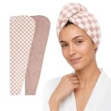 ROLSHOL 100% Cotton Hair Towel Wrap for Women, 2 Pack Hair Drying Towels | Soft Absorbent Hair Turban Towels For Long, Thick and Curly Hair, 32"x11", Easy To Use With Elastic Band (Checkered Pattern)