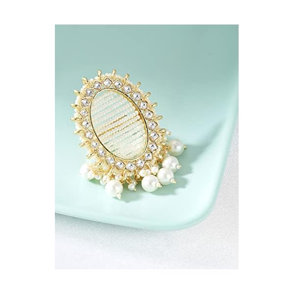 ZAVERI PEARLS Gold Tone Multi Pearl Strands Ethnic Kundan Adjustable Finger Ring For Women-ZPFK11422 - Image 3