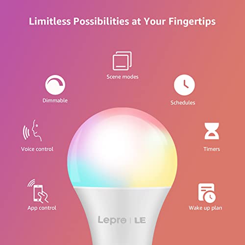 LE WiFi Smart Light Bulb, Smart Bulb Works with Alexa and Google Assistant, Color Changing Light Bulb with APP, RGB & Soft Warm White, 60 Watt Equivalent, A19 E26 LED Bulb, 2.4GHz WiFi Only