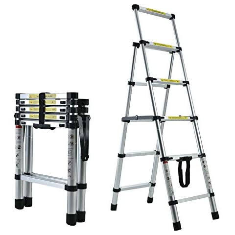 4+5 Step Ladder Aluminum 4.4FT Telescoping Ladder Lightweight Portable A-Frame Ladders with Arm-Design, 330lbs Load Capacity Widen Step Pedal Folding Step Ladder Easy to Transport or Store Cover