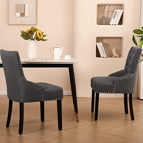 Furniliving Modern Dining Chairs Set Of 2, Upholstered Dining Room Chairs With Nailhead Trim Faux Linen Parson Chair Farmhouse Dining Chairs For Living Room, Bedroom, Kitchen, Darkgrey #TOP1