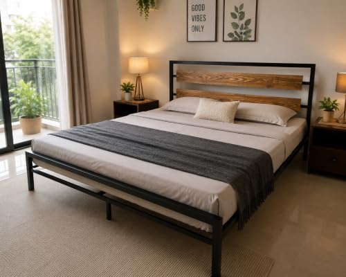 NRITYA FURNITURE Queen Size Metal Bed Frame Without Storage - Queen Size Metal Cot Bed for Bedroom - (Jay)