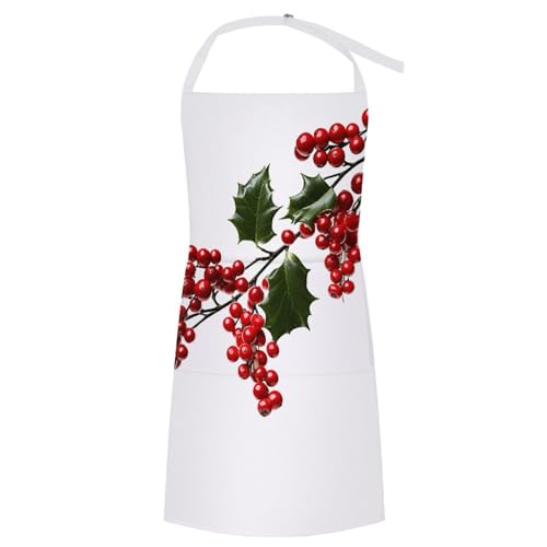 FekiLoot Personalized Holly Berry Branches Kitchen Aprons for Men Women Water Resistant Cooking Aprons Long Bib Apron with Pockets Adjustable Fashion Chef Aprons for Work&Gift