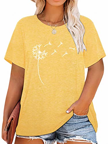 HDLTE Women's Plus Size T Shirts Dandelion Graphic Tees Casual Short Sleeve Casual Tee Tops (Yellow, 3X)