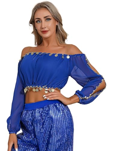 Riismen Mujeres Blusas De Manga Larga Camisón De Gasa Top Corto Traje Danza del Vientre Blusas Tirantes Ropa Baile Traje Escenario Azul Real Talla única