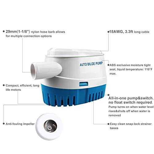BACOENG Pompe de Cale Automatique 12V 1100GPH/ 70LPM avec Interrupteur à Flotteur – vue 3