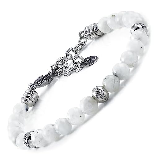 10:10 Pulsera para Hombre y Mujer con Piedras de Luna Naturales, diámetro 6 mm, Cuentas de Acero Inoxidable hipoalergénica, Pulsera Muy Resistente, Fabricada en Italia Moonstone