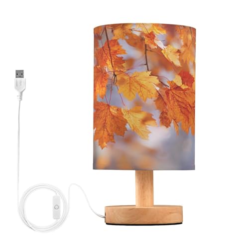 Aslsiy Maple Leaves Bedside Table Lamp Autumn Nightstand Lamp Night Light Fabric Shade for Bedroom Living Room Home Office