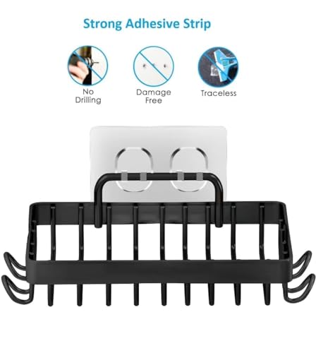 Image of Soap Holder for Bathroom, 304 Grade Stainless Steel Self Adhesive Wall Mounted Soap Tray with 4 Hooks, Soap Dish Case Waterproof, RustProof, Quick Drying (Black)