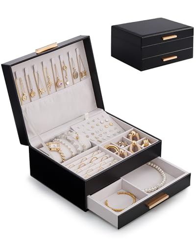 Lolalet Caja para Joyas de Doble Capa, Estuche Joyero Organizador para Joyería Collares Anillos Aretes Pulseras Relojes Regalo Ideal para Mujer -Negro