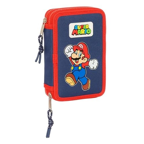 Super Mario World - Estuche Escolar Niño, Estuche con Colores, con 28 Útiles Incluidos, Ideal para Niños de 5 a 14 Años, Cómodo y Versátil, Calidad y Resistencia, 12.5x4x19.5 cm, Color Azul Marino