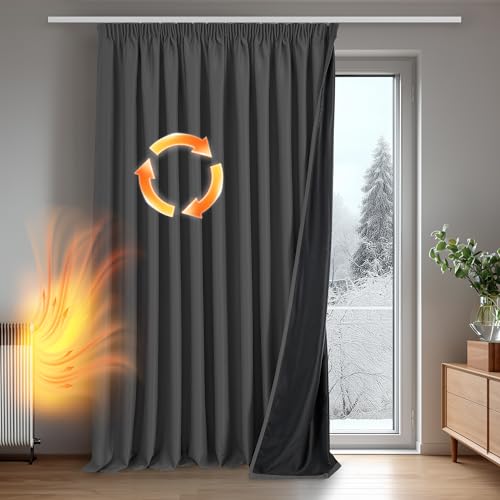 Deconovo 100% Verdunklungsvorhänge Blickdicht Vorhänge mit kräuselband Gardinen Wohnzimmer Vorhang Verdunkelung Thermovorhänge gegen Hitze Wärmeisolierend, H245 x B300 cm, Dunkelgrau, 1 Stück