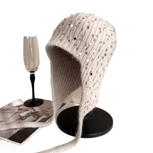 Chapeau en laine et fourrure contre le froid aux oreilles avec paillettes