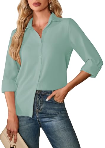 FaerieFlair Summer Blouse 3/4 Sleeve Tops for Women UK Chiffon V-Neck Button Up Shirts Spring Fashion Trendy Outfits Light Green Size 22 24 XXL
