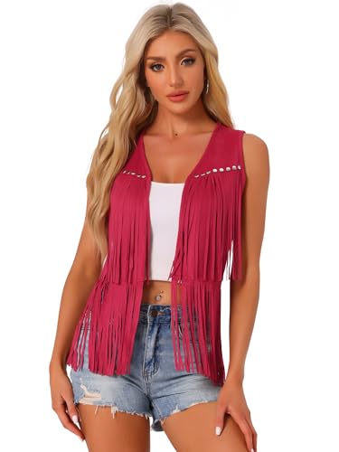 Image of Allegra K Women's Fringe Top Vest Open Front Western 70s Outfits Faux Suede Tassel Cardigan