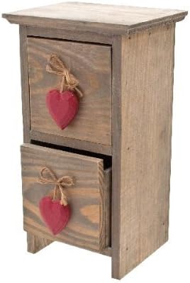 Pretty Shabby Chic Wooden 2 Drawer Trinket Box Storage Chest with Red Heart Handles