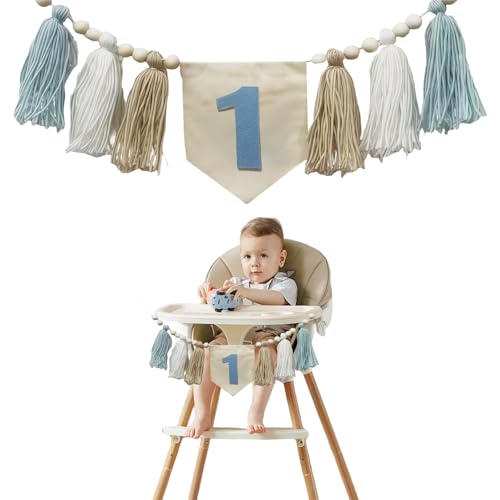 LUMOOM Pancarta para trona, 1er cumpleaños, decoración de cumpleaños, 1 año, guirnalda vintage de lino para niñas y niños, para fiestas y baby shower, decoración DIY (azul)