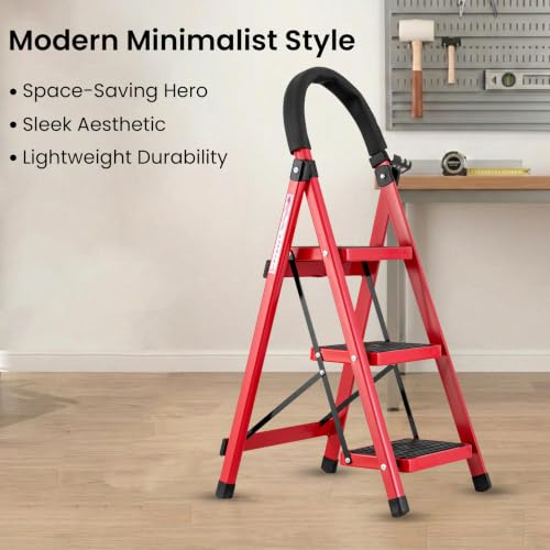 Image of Casa Copenhagen Red 3 Step Ladder for Home Use with Built-in Tool Tray | Heavy Duty D Shape Rods | Ultra Large Platform | Secure Lock and Stability | 150Kg Capacity Foldable Ladder - 7 Years Warranty