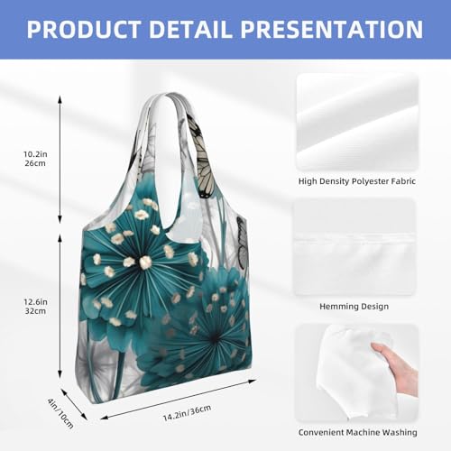 (Gray Teal Flower Butterfly) Large Tote Shoulder Bag Fashion Canvas Handbag Reusable Shopping Bag Travel Bag For Women4
