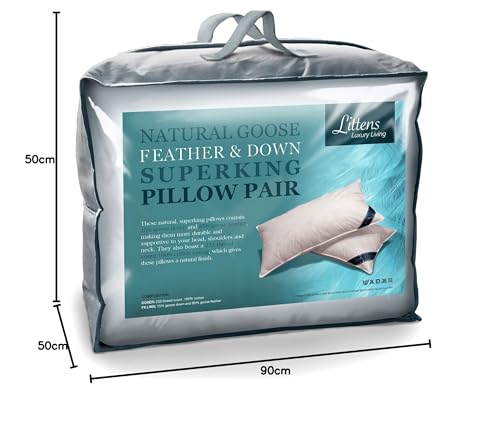 Littens 50cm x 90cm Luxury Pair Super King Size White Goose Feather & Down Pillows 230TC 100% Cotton Casing, Down Proof (20" x 36") - Image 9
