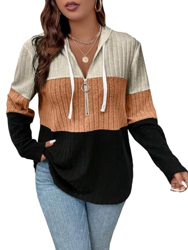 COZYEASE Women's Plus Size Colorblock Half Zip Hoodies Ribbed Knit V Neck Long Sleeve Pullover Sweater