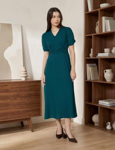 Image of Amazon Brand - Symbol Women's V-Neck Midi Dress | Ruched Waist, Puff Sleeves, A-Line Flared (Available in Plus Sizes)