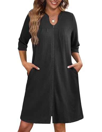 Ekouaer Zipper Robes for Women 3/4 Sleeve Waffle Knit Bathrobe Lightweight Short Housecoat with Pockets Soft Loungewear S-3XL
