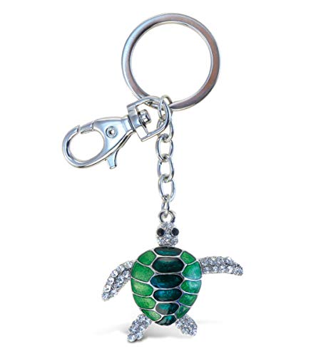 Aqua79 Green Sea Turtle Keychain - Silver 3D Sparkling Charm Rhinestones Fashionable Stylish Metal Alloy Durable Key Ring Bling Crystal Jewelry Accessory, Clasp For Key Chain, Purse, Backpack, Handbag
