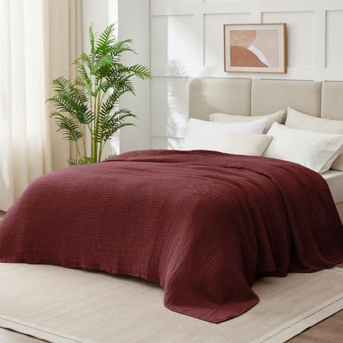 Image of 100% Cotton Muslin Blanket Queen 90 inch x 90 inch, 6 Layers Breathable and Lightweight Cotton Throw Blankets for Bed, Soft Cooling Summer Gauze Blanket for Adults All Season, Burgundy