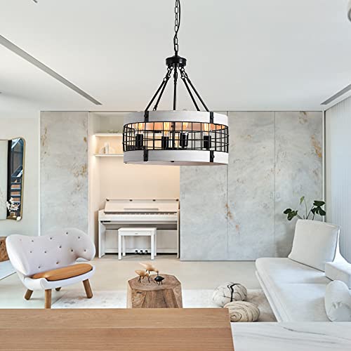 Wjshome Rustic Drum Chandelier, White Oak Finish, 4-Lights Round Metal Farmhouse Vintage Chandelier Light Fixtures For Kitchen Island, Dining Room, Living Room, Foyer, Entrance #TOP5