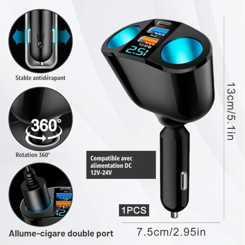 Yesimola Chargeur Voiture Allume Cigare USB,Double Prise Allume Cigare 12v, 20W Charge Rapide 3.0 Chargeur de Voiture Double USB avec LED Voltmètre pour téléphone Portable GPS Dash Cam et Plus – vue 2